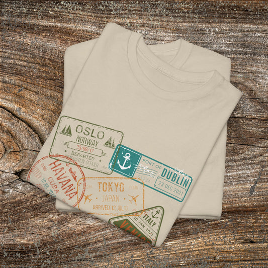 Retro Passport Stamp Traveler T-Shirt — Grunge Travel Gift for Him & Her