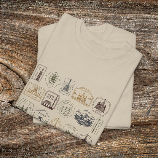 Retro Country Stamps T-Shirt — Grunge Traveler Graphic Tee