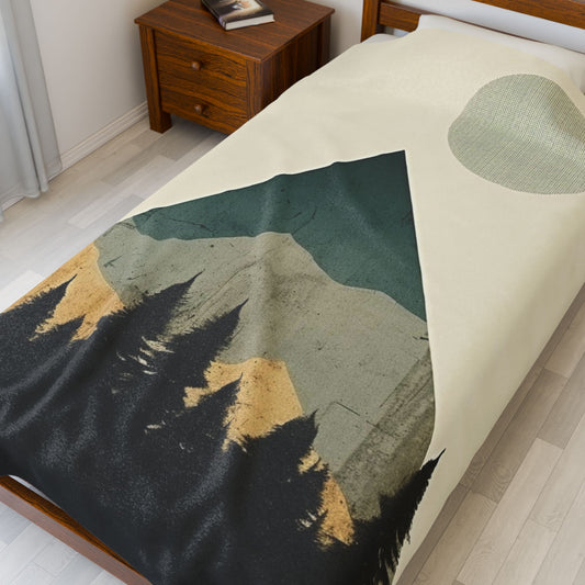 Vintage Retro Abstract Landscape Blanket — Velveteen Plush Blanket — Cozy Fleece Throw