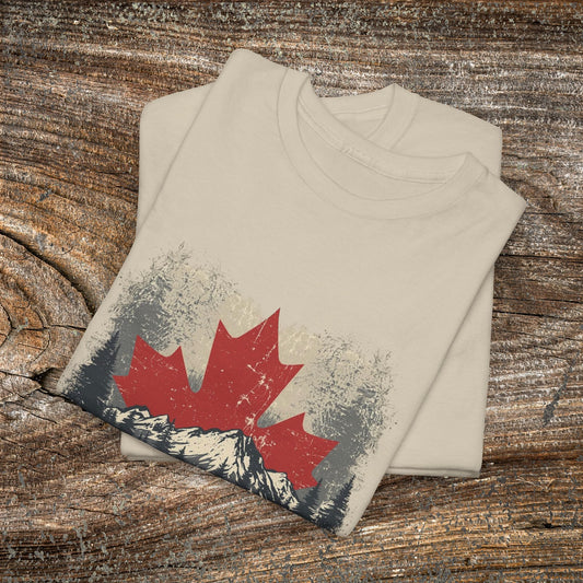 Rustic Canadian Landscape T-Shirt — Distressed Maple Leaf Tee