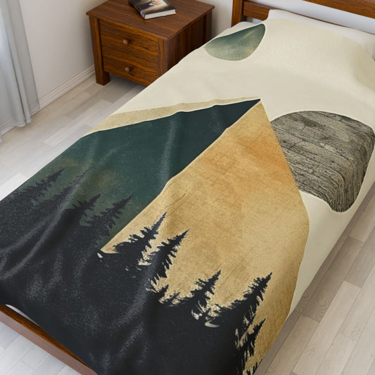 Vintage Retro Abstract Landscape Blanket — Velveteen Plush Blanket — Cozy Fleece Throw
