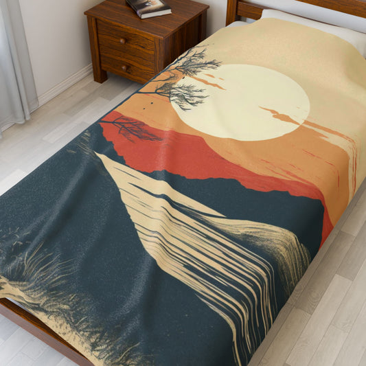 Vintage Mountain Sun Velveteen Plush Blanket – Retro Abstract Cozy Throw