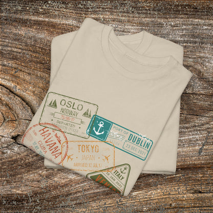 Retro Passport Stamp Traveler T-Shirt — Grunge Travel Gift for Him & Her