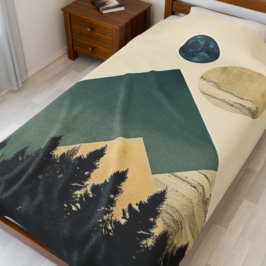 Vintage Retro Abstract Landscape Blanket — Velveteen Plush Blanket  — Cozy Fleece Throw