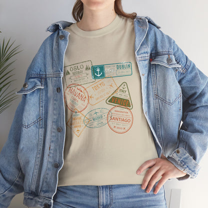 Retro Passport Stamp Traveler T-Shirt — Grunge Travel Gift for Him & Her