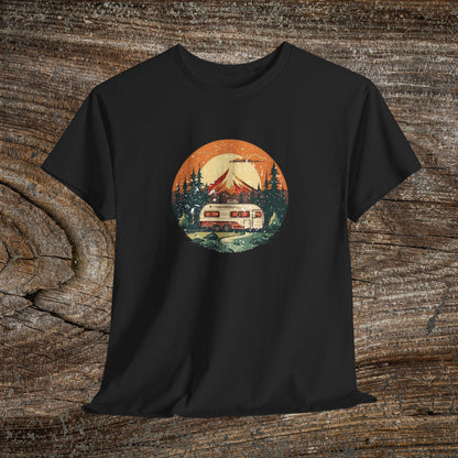 Camping Sunset T-Shirt — Retro Mountain Camper Tee