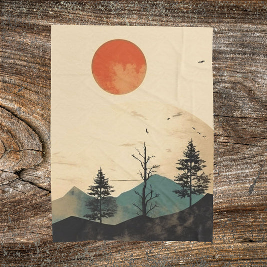 Vintage Retro Abstract Landscape Blanket — Velveteen Plush Blanket  — Cozy Fleece Throw