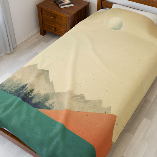 Vintage Retro Abstract Landscape Blanket — Velveteen Plush Blanket  — Cozy Fleece Throw