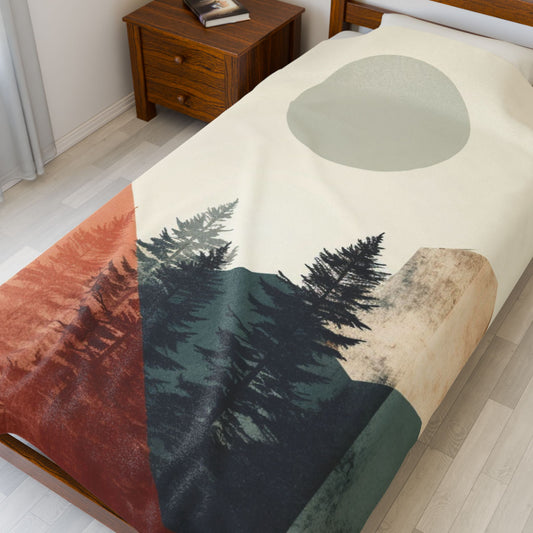Vintage Retro Abstract Landscape Blanket — Velveteen Plush Blanket  — Cozy Fleece Throw