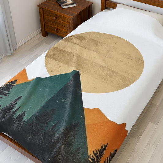 Vintage Retro Abstract Landscape Blanket — Velveteen Plush Blanket  — Cozy Fleece Throw