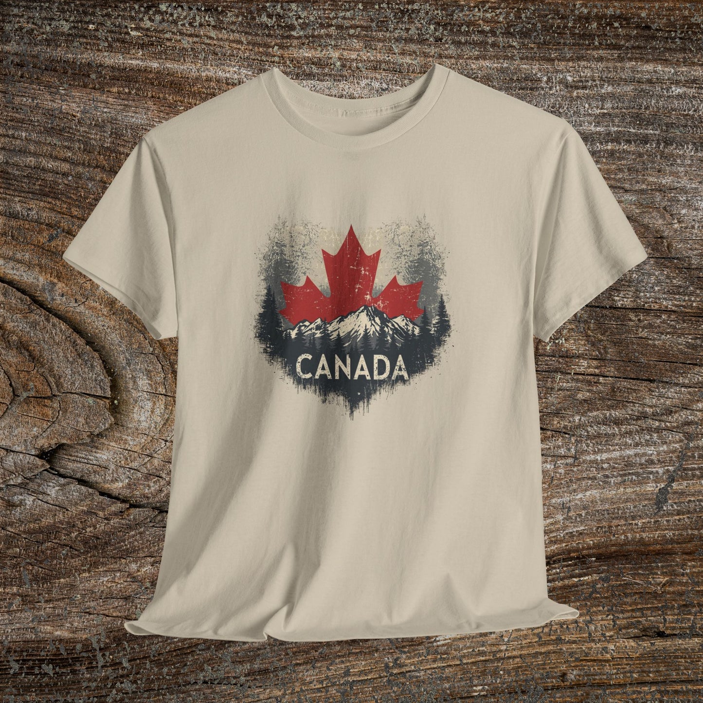 Rustic Canadian Landscape T-Shirt — Distressed Maple Leaf Tee