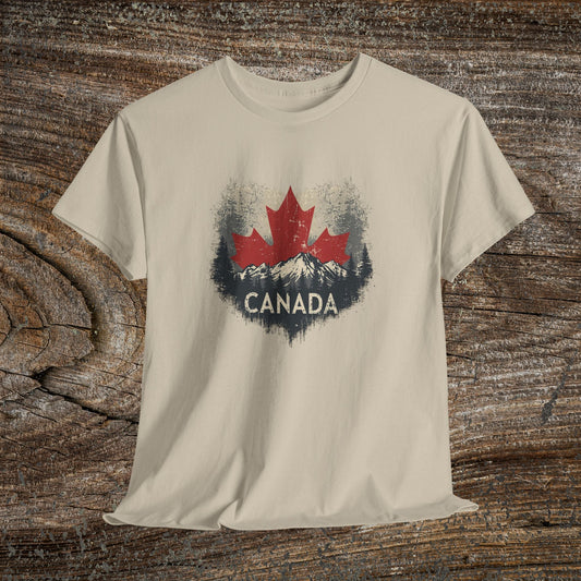 Rustic Canadian Landscape T-Shirt — Distressed Maple Leaf Tee