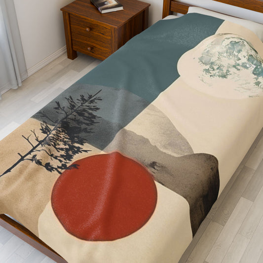 Vintage Retro Abstract Landscape Blanket — Velveteen Plush Blanket  — Cozy Fleece Throw