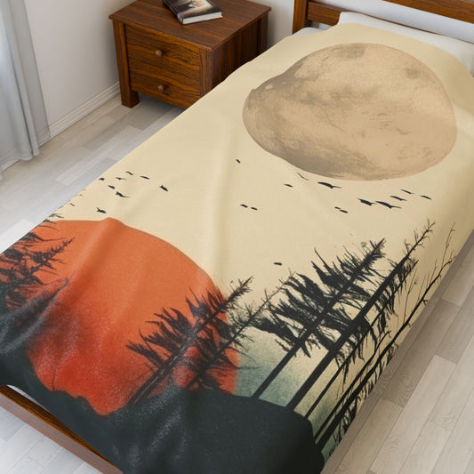 Vintage Retro Abstract Landscape Blanket — Velveteen Plush Blanket  — Cozy Fleece Throw