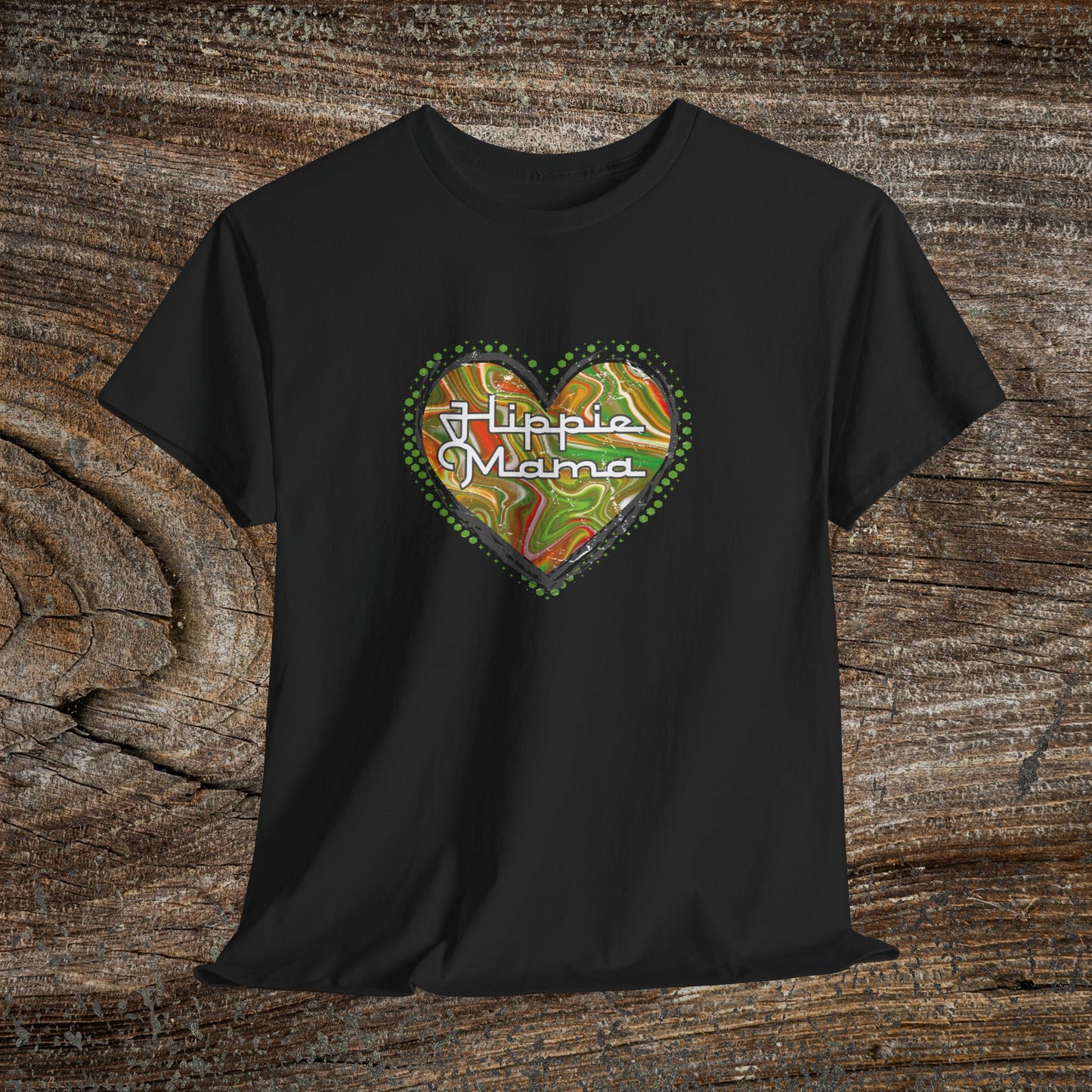 Hippie Mama Heart T-Shirt — Retro Marble Texture Mom Tee