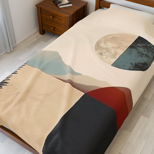 Vintage Retro Abstract Landscape Blanket — Velveteen Plush Blanket  — Cozy Fleece Throw