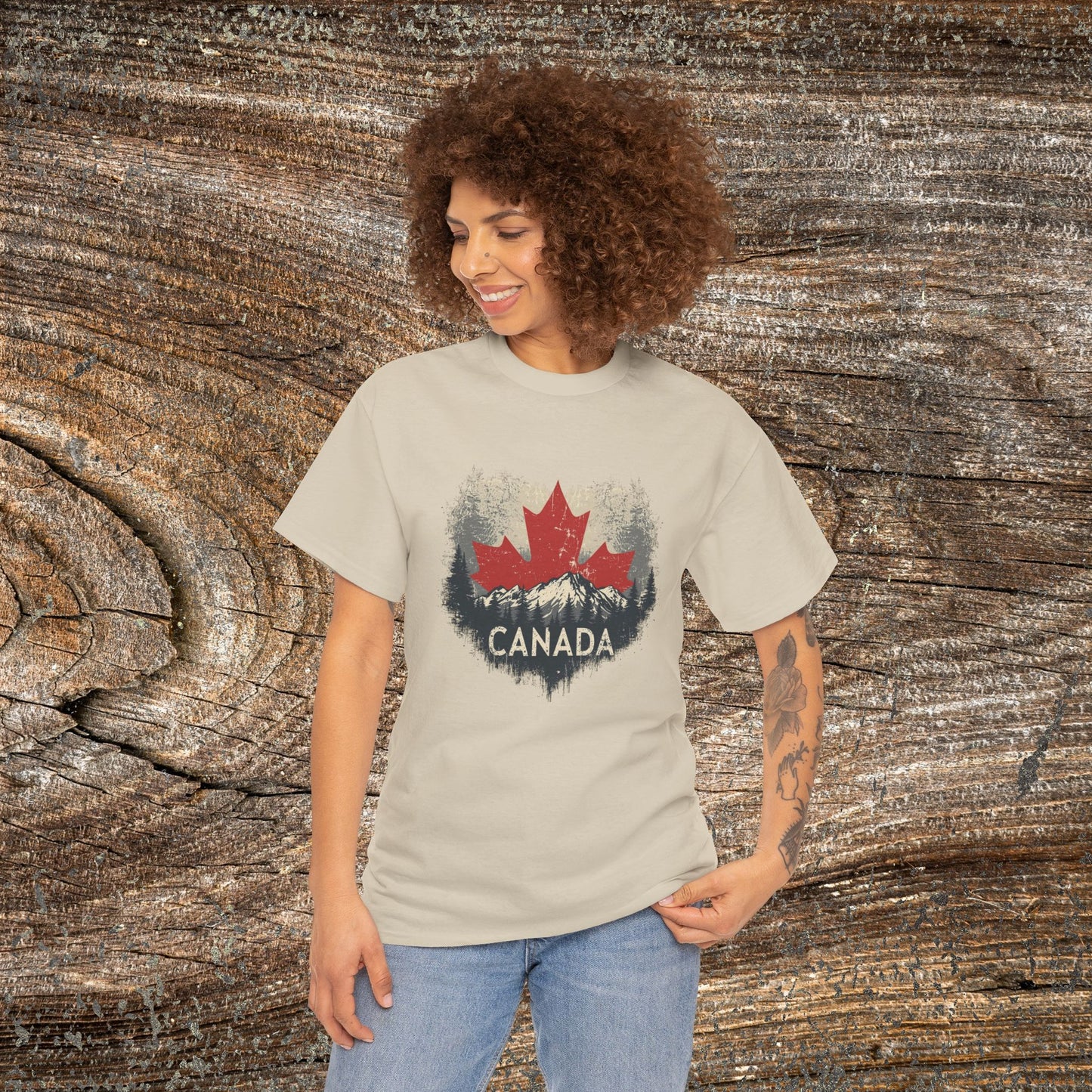 Rustic Canadian Landscape T-Shirt — Distressed Maple Leaf Tee
