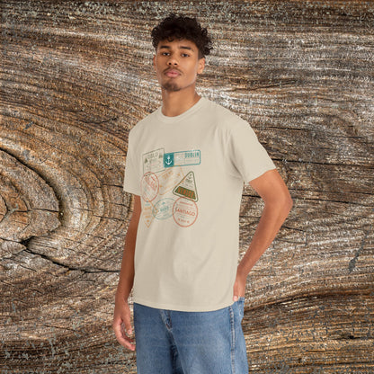 Retro Passport Stamp Traveler T-Shirt — Grunge Travel Gift for Him & Her