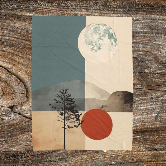 Vintage Retro Abstract Landscape Blanket — Velveteen Plush Blanket  — Cozy Fleece Throw