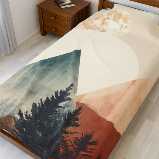 Vintage Retro Abstract Landscape Blanket — Velveteen Plush Blanket  — Cozy Fleece Throw