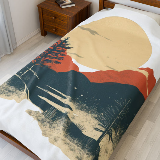 Vintage Mountain Sun Velveteen Plush Blanket – Retro Abstract Cozy Throw