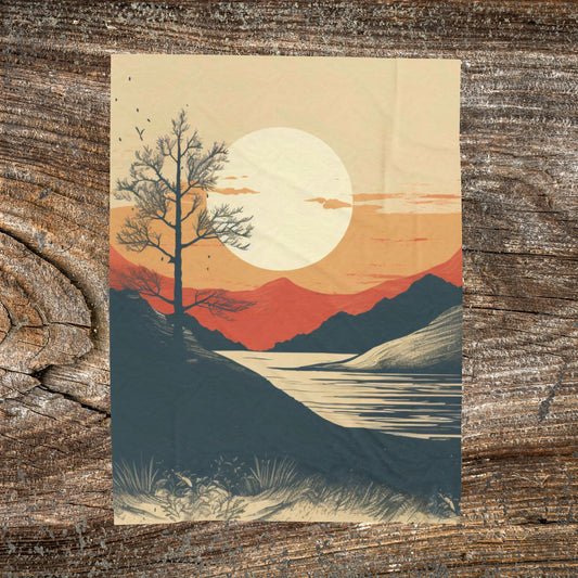 Vintage Mountain Sun Velveteen Plush Blanket – Retro Abstract Cozy Throw