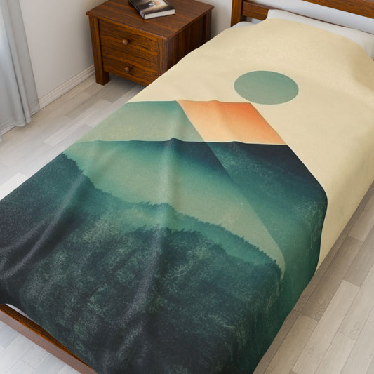 Vintage Retro Abstract Landscape Blanket — Velveteen Plush Blanket  — Cozy Fleece Throw