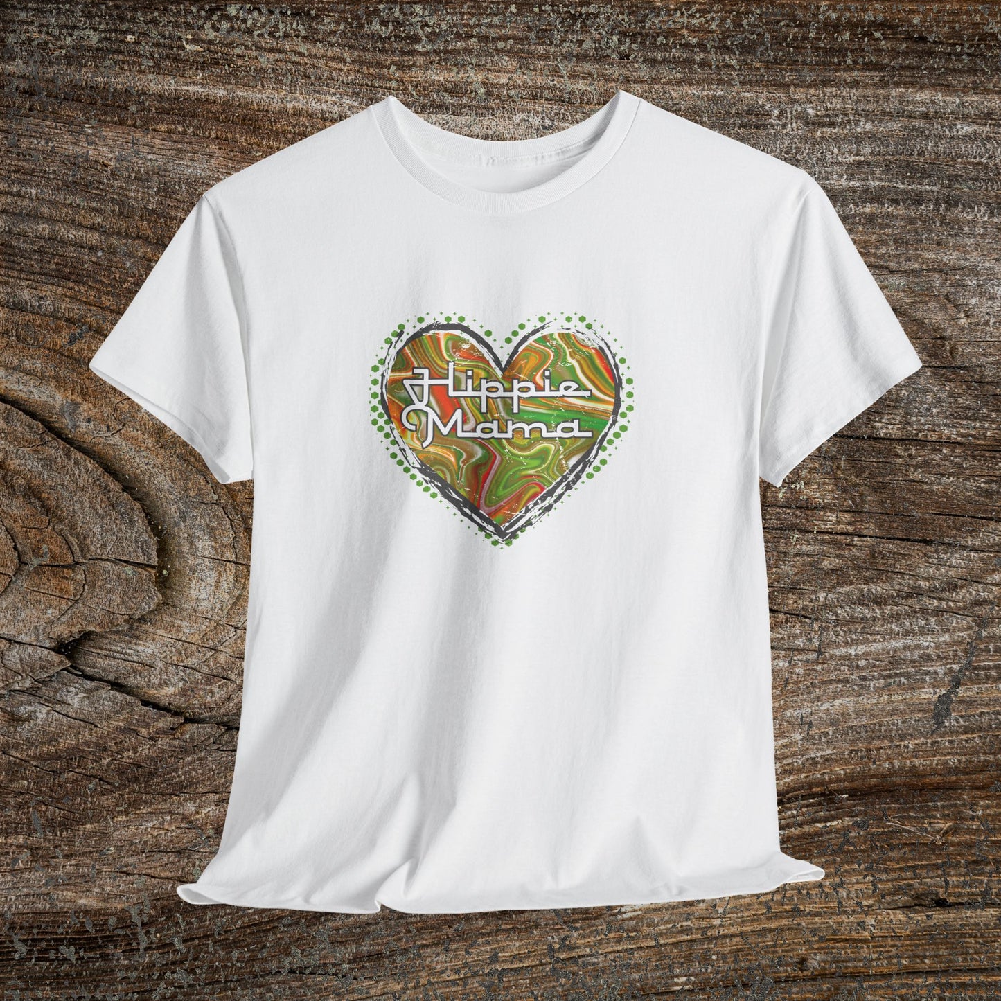 Hippie Mama Heart T-Shirt — Retro Marble Texture Mom Tee