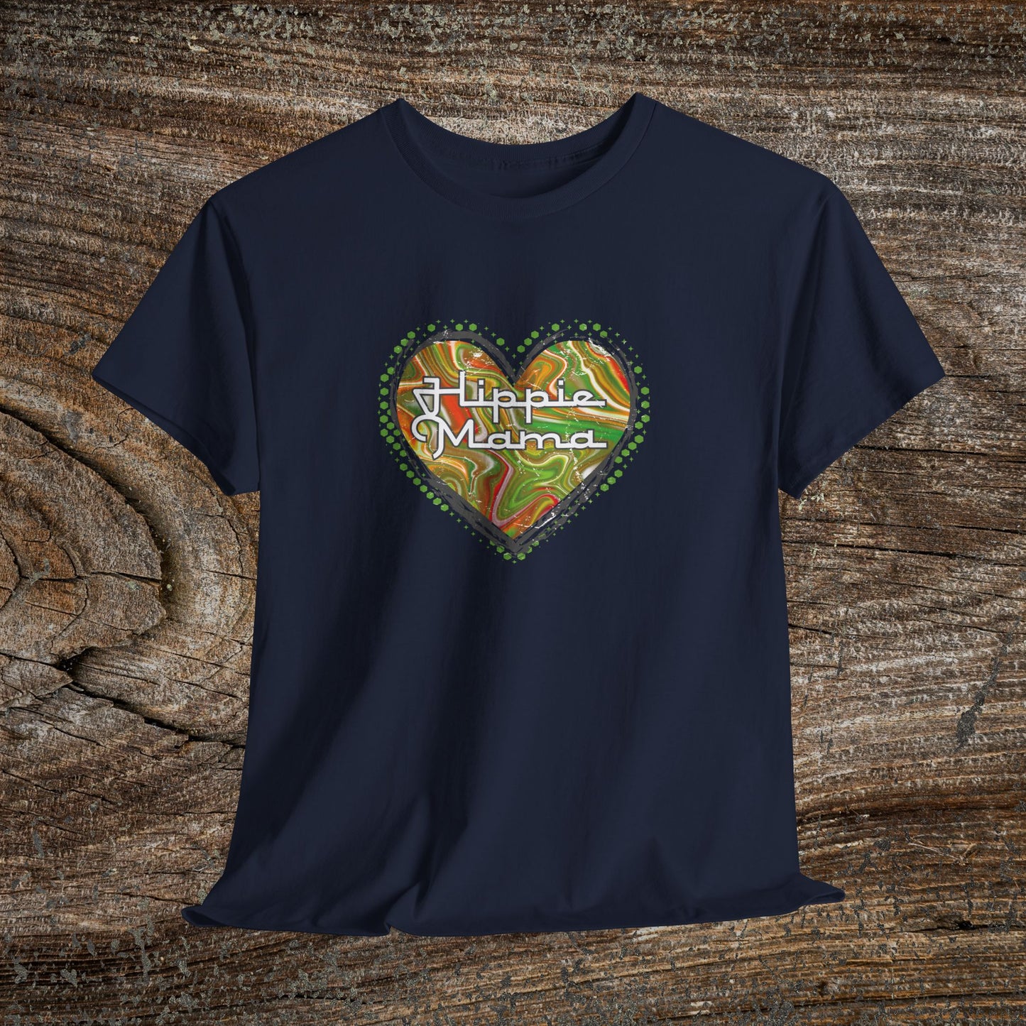 Hippie Mama Heart T-Shirt — Retro Marble Texture Mom Tee