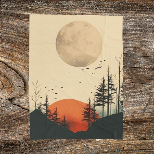 Vintage Retro Abstract Landscape Blanket — Velveteen Plush Blanket  — Cozy Fleece Throw