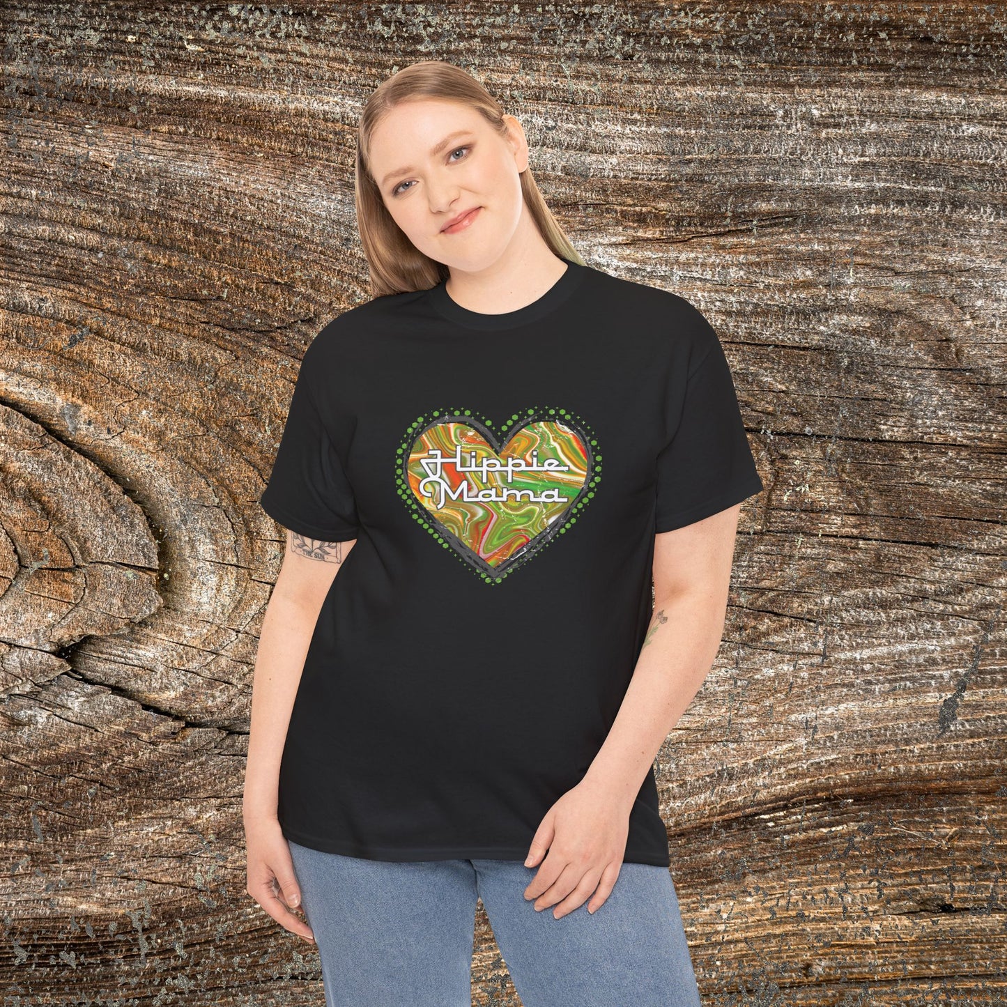Hippie Mama Heart T-Shirt — Retro Marble Texture Mom Tee