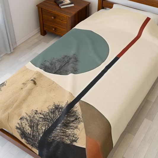 Vintage Retro Abstract Landscape Blanket — Velveteen Plush Blanket  — Cozy Fleece Throw