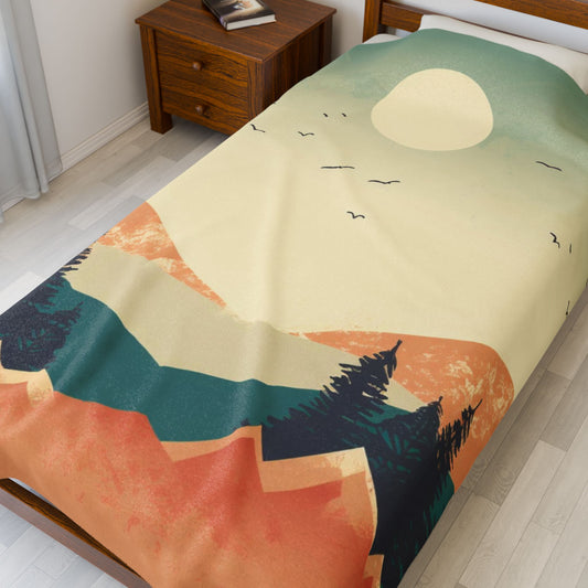 Vintage Retro Abstract Landscape Blanket — Velveteen Plush Blanket  — Cozy Fleece Throw