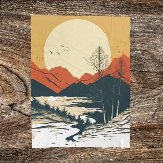 Vintage Mountain Sun Velveteen Plush Blanket – Retro Abstract Cozy Throw