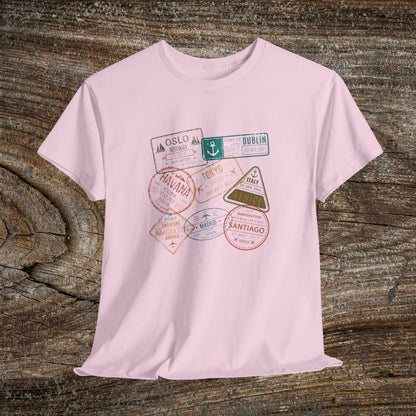 Retro Passport Stamp Traveler T-Shirt — Grunge Travel Gift for Him & Her