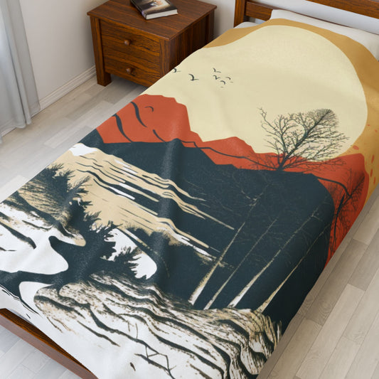 Vintage Mountain Sun Velveteen Plush Blanket – Retro Abstract Cozy Throw