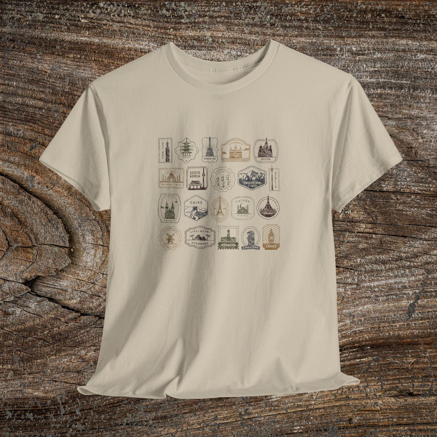 Retro Country Stamps T-Shirt — Grunge Traveler Graphic Tee