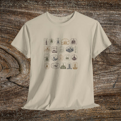 Retro Country Stamps T-Shirt — Grunge Traveler Graphic Tee