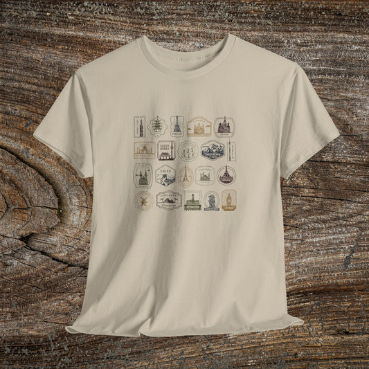 Retro Country Stamps T-Shirt — Grunge Traveler Graphic Tee