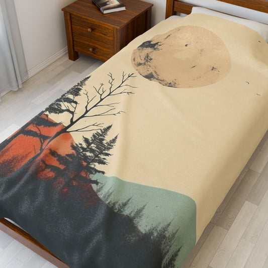 Vintage Retro Abstract Landscape Blanket — Velveteen Plush Blanket  — Cozy Fleece Throw