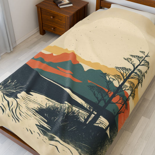 Vintage Mountain Sun Velveteen Plush Blanket – Retro Abstract Cozy Throw