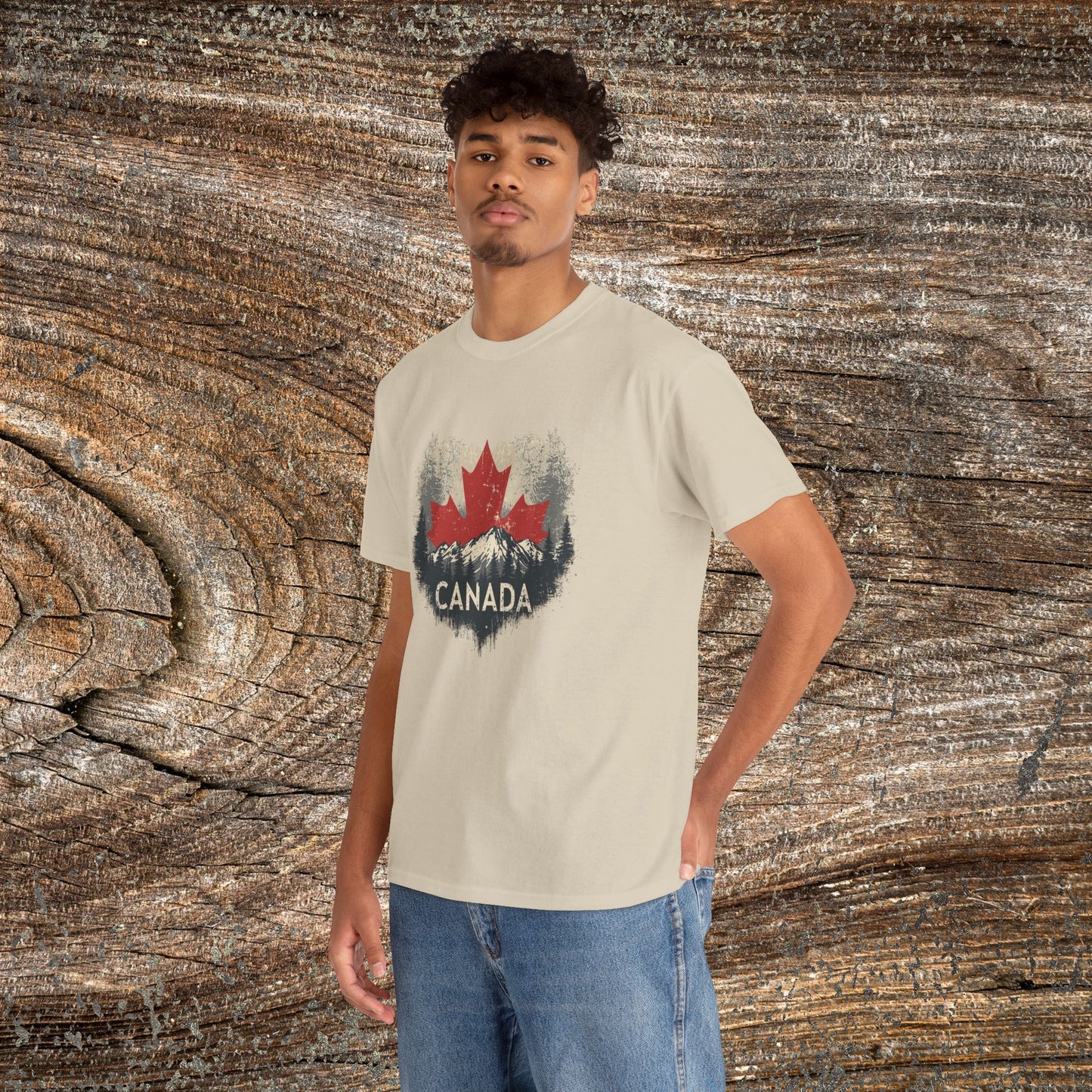 Rustic Canadian Landscape T-Shirt — Distressed Maple Leaf Tee