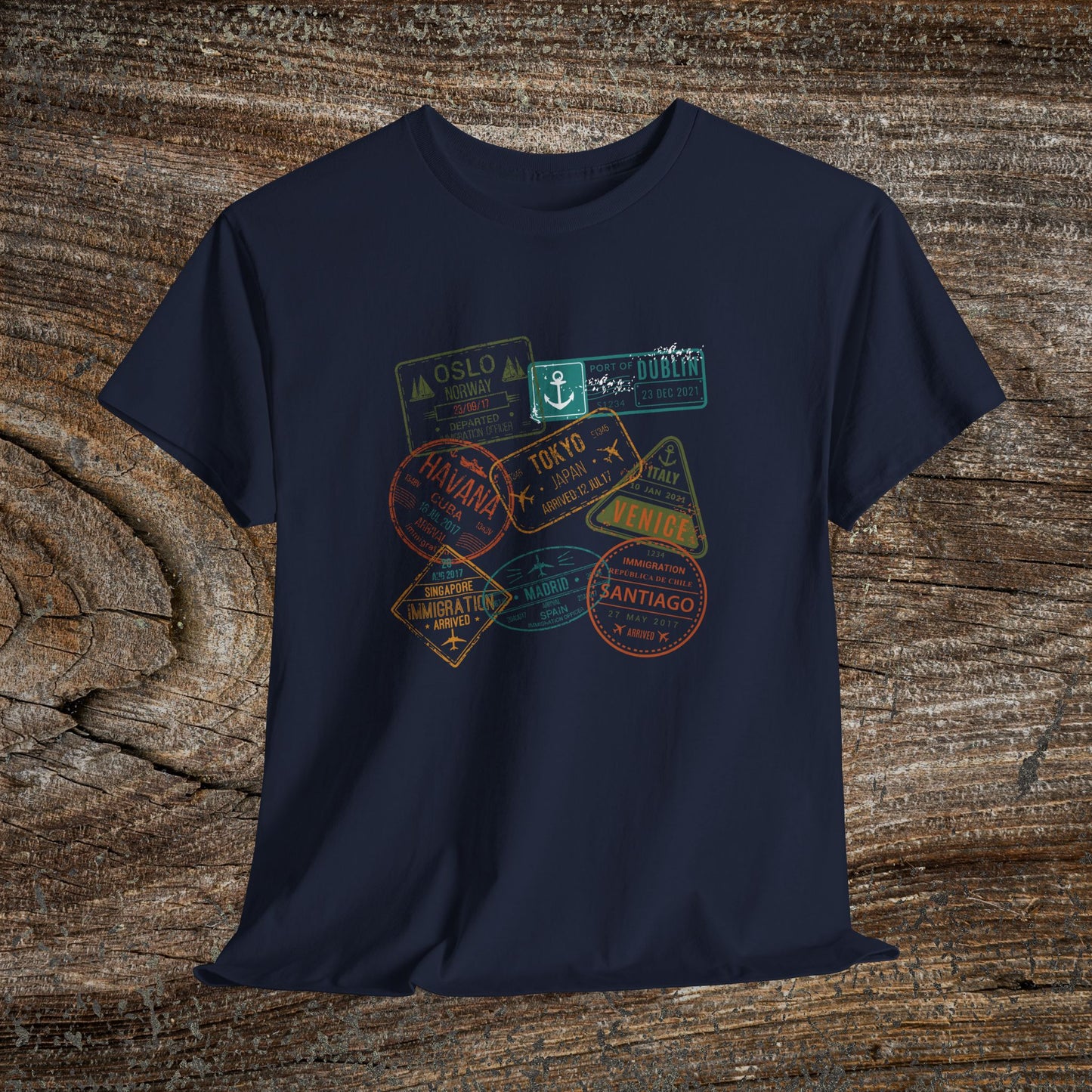 Retro Passport Stamp Traveler T-Shirt — Grunge Travel Gift for Him & Her