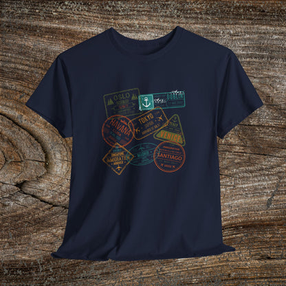 Retro Passport Stamp Traveler T-Shirt — Grunge Travel Gift for Him & Her