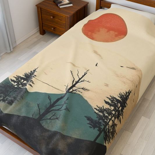 Vintage Retro Abstract Landscape Blanket — Velveteen Plush Blanket  — Cozy Fleece Throw