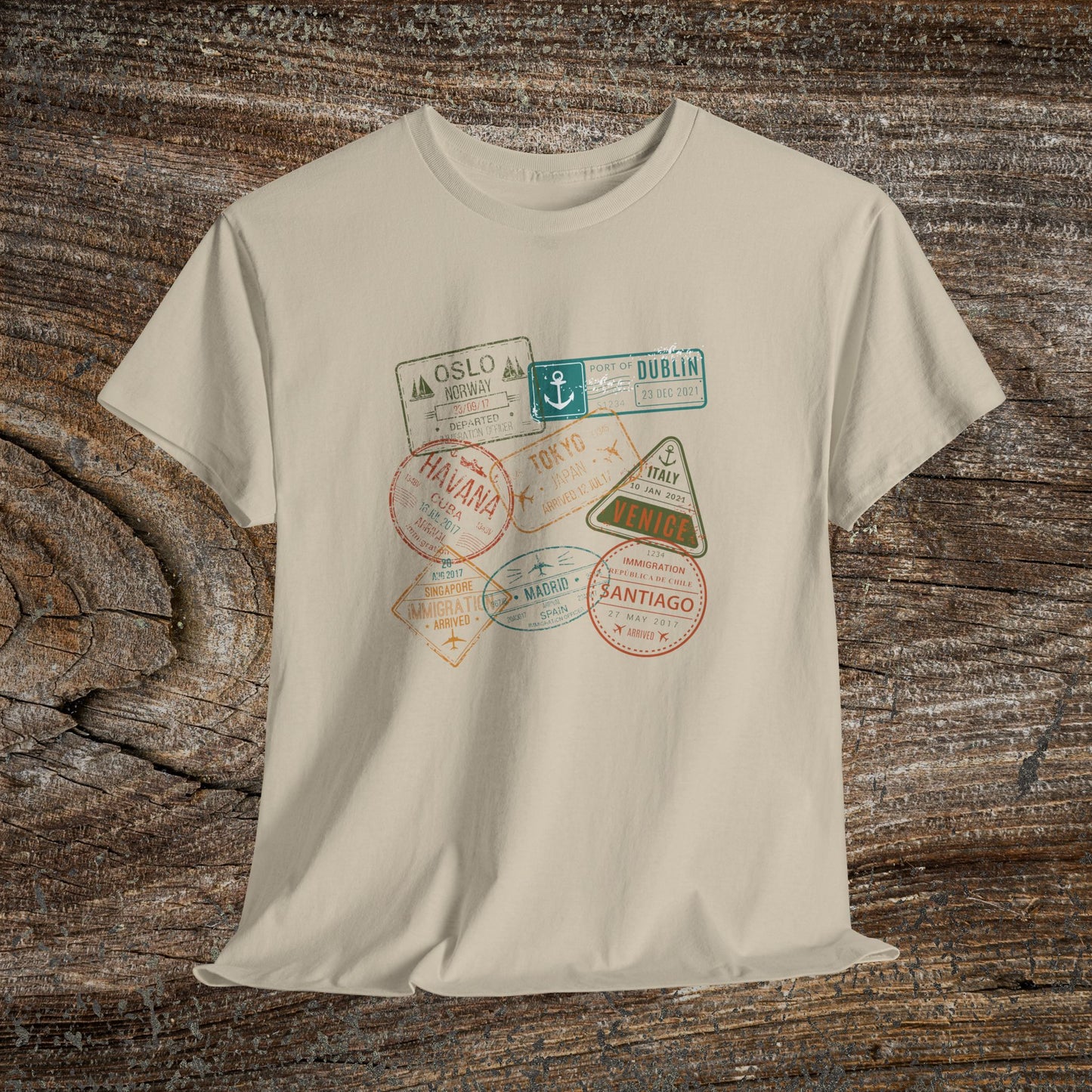 Retro Passport Stamp Traveler T-Shirt — Grunge Travel Gift for Him & Her