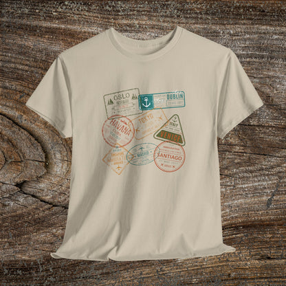 Retro Passport Stamp Traveler T-Shirt — Grunge Travel Gift for Him & Her