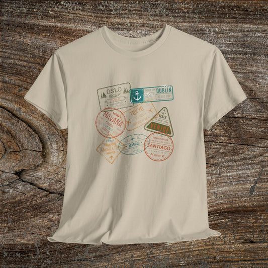 Retro Passport Stamp Traveler T-Shirt — Grunge Travel Gift for Him & Her