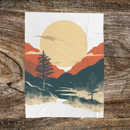 Vintage Mountain Sun Velveteen Plush Blanket – Retro Abstract Cozy Throw