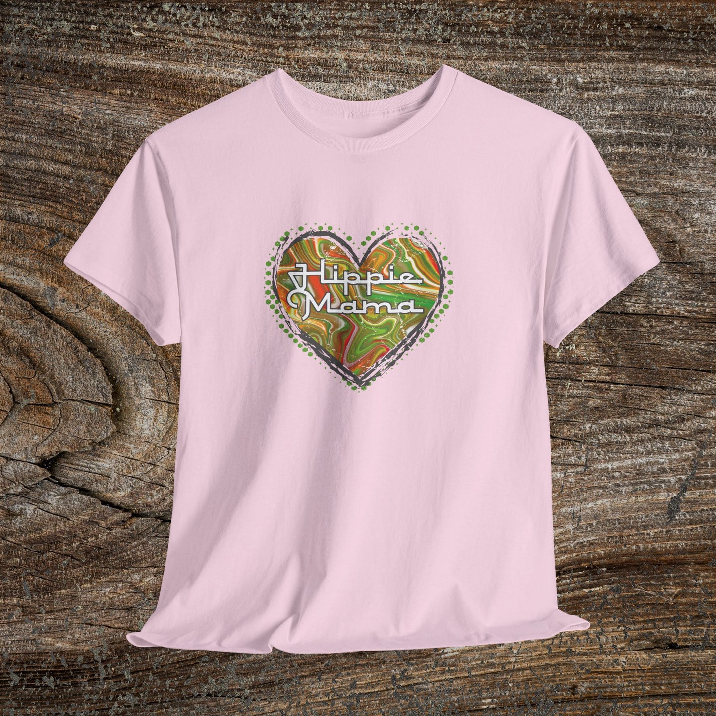 Hippie Mama Heart T-Shirt — Retro Marble Texture Mom Tee